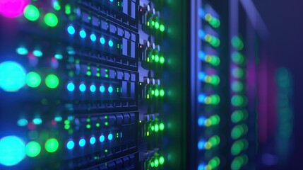Naklejka premium close up of green bokeh light data center storage room full of supercomputers, server racks and cloud computing technologies