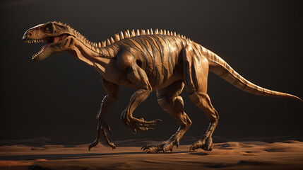 Fototapeta premium A realistic brown and beige dinosaur with sharp claws walking through a desert, evoking a sense of prehistoric adventure. 
