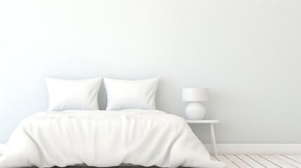Minimalist bedroom with white bedding and a lamp, perfect for creating a serene and relaxing atmosphere. 
