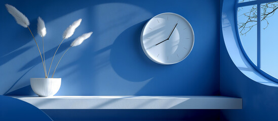 The quiet ticking of time – a minimalist blue and white scene with a clock at 8:05