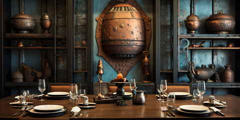 Rustic steampunk dining room with copper and blue accents, perfect for a fantasy or historical themed restaurant. 
