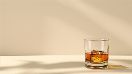 glass of whiskey with ice on beige background