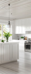White kitchen cabinets and a wooden floor, a bright and airy space, perfect for interior design and home decor projects. 
