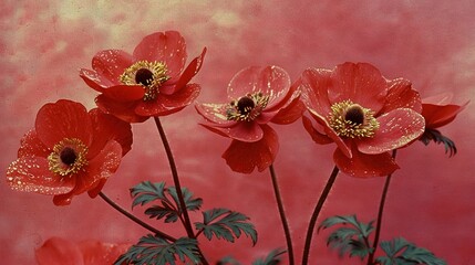   A cluster of vibrant red blossoms resting atop a verdant plant bed, drenched in raindrops, against a backdrop of soft pink