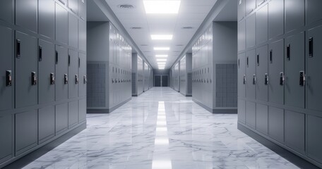 Empty high school hallway with grey lockers and reflective marble flooring