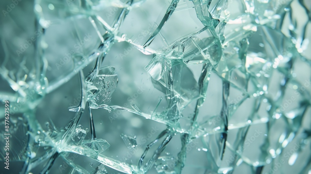 Aufkleber A close-up view of a broken glass window with cracks and shards