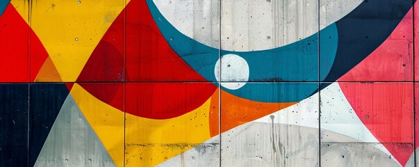 Abstract mural of vibrant geometric shapes adorning a concrete wall