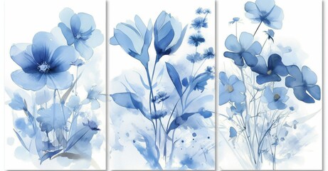  Three Pieces of Modern Blue Flower Wall Art on White Background