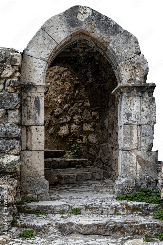 Poster a stone archway with a built-in bench in a garden or park setting, perfect for sitting and taking in