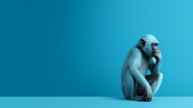 A blue-toned monkey sits pensively against a matching blue background, creating a minimalistic and contemplative image