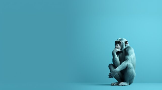 A contemplative monkey sits thoughtfully against a solid blue background, evoking a sense of introspection and calm
