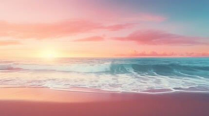 A serene beach at sunrise with soft pastel colors in the sky and gentle waves lapping against the shore