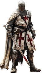 Fototapeta premium Medieval Knight in Armor with Sword and Cross, Battle-Ready Warrior, transparent background