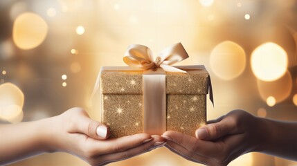 A person hands a beautifully wrapped gold gift box with a ribbon to another person. The background features warm, glowing lights, creating a festive atmosphere