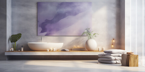 Minimalist bathroom design with  purple, white and brown tones,  evoking tranquility and relaxation for a spa-like experience. 