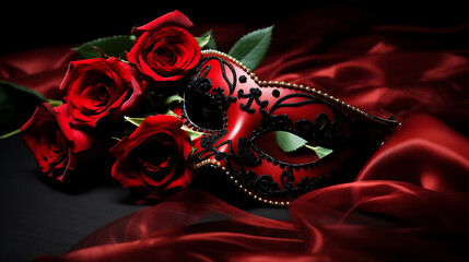 Red roses, black lace mask, and red satin fabric,  romantic and mysterious, Valentine's Day celebration. 