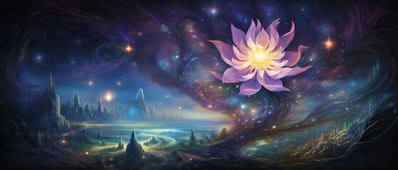 Fototapeta premium A giant, glowing lotus floats in a mystical space scene filled with swirling galaxies, stars, and ethereal landscapes