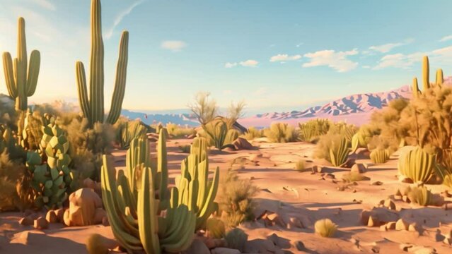 A wide shot of a desert landscape featuring numerous cacti, including a large barrel cactus in the foreground. The sun is setting, casting long shadows across the scene.