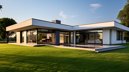 Modern white house with a pool, green grass, and blue sky, selling luxury living and relaxation. 