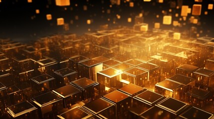 Fototapeta premium A digitally rendered scene of glowing, gold cubes in a matrix formation, reflecting light and creating a futuristic, abstract background