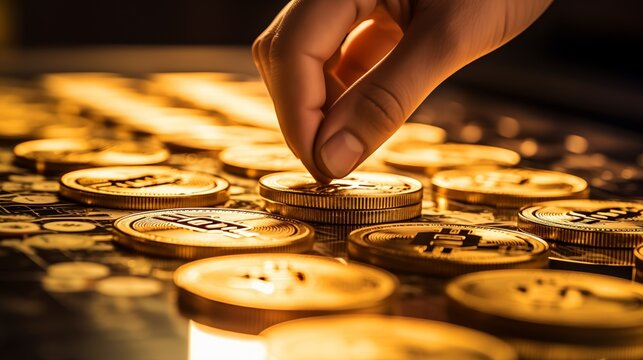 A hand places a gold coin among a collection of other golden coins, symbolizing digital cryptocurrency and blockchain technology