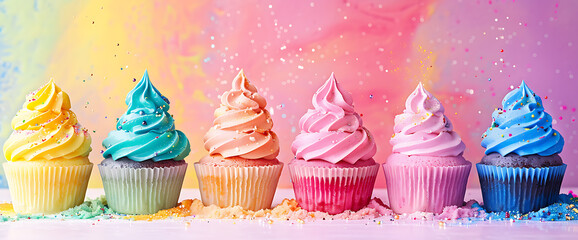 Colorful cupcakes with sprinkles  on a pink background,  a perfect  celebration  for a birthday party. 