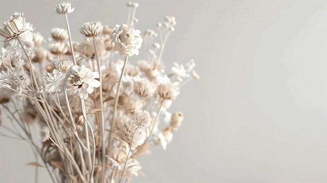 White dried flowers in a minimalist style, with soft beige and white tones, evoke a sense of calm and tranquility, perfect for a wedding or special occasion. 