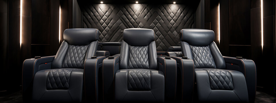 Luxury home theater with black, blue, and orange accents,  evoking a feeling of opulence and relaxation, perfect for a movie night. 