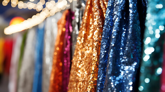 Sparkling gold, blue and red sequined fabric, perfect for festive celebrations, adding a touch of glamour and excitement to any event. 
