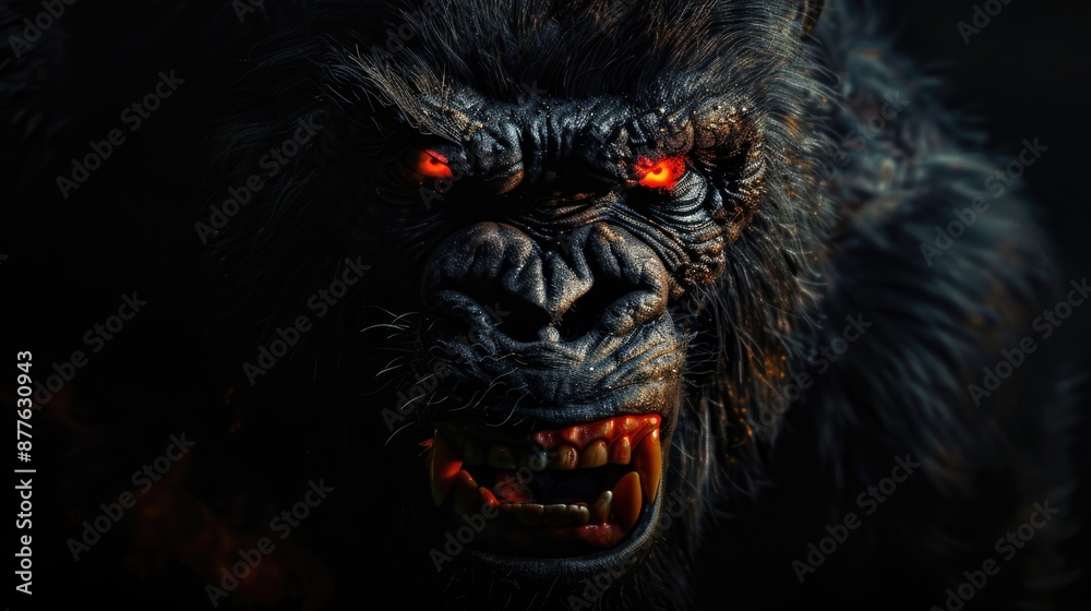 Poster a close-up view of a gorilla's face showing red eyes
