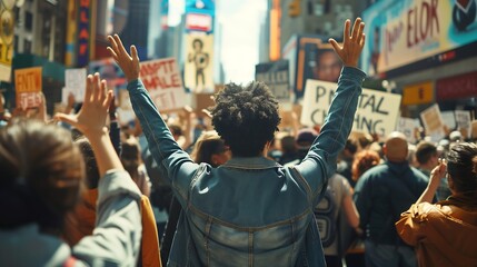 community taking to the streets to protest during the day with banners and posters demanding justice and change