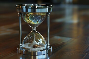 A chrome hourglass filled with a swirling nebula instead of sand.