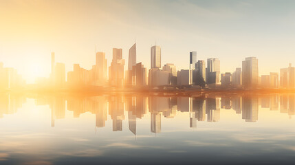 Fototapeta premium Golden hour cityscape reflection, blue, orange, and yellow, urban serenity. 