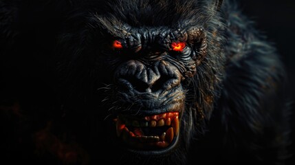 Naklejka premium A close-up view of a gorilla's face showing red eyes