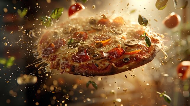 A vibrant close-up of a pizza in mid-air, with toppings like pepperoni, mushrooms, tomatoes, and fresh basil, against a blurred background. Ingredients are flying around it