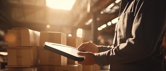 A worker in a warehouse uses a tablet to manage inventory, surrounded by cardboard boxes with sunlight filtering through the space