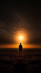 A solitary figure stands on a vast landscape at sunset, silhouetted against a glowing sky.