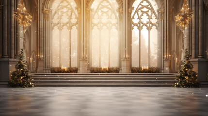 Fototapeta premium Golden Christmas trees, stone architecture, and a snowy winter scene create a magical holiday setting. 