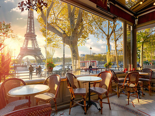 Romantic Parisian cafe with Eiffel Tower view, warm autumn colors, inviting atmosphere, perfect for a cozy getaway. 