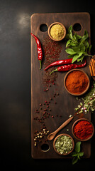 Red chili peppers, spices, and herbs on a wooden board,  red, green, and brown, rustic,  aromatic flavors, culinary inspiration,  cooking. 