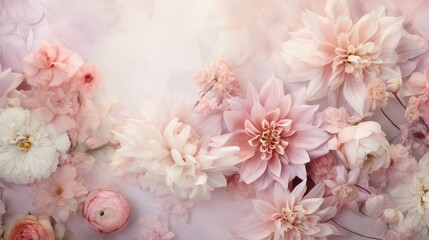 A dreamy composition featuring an arrangement of soft pink and white flowers with a delicate, ethereal background