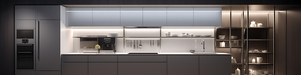 Modern white kitchen with warm wood accents and sleek appliances, perfect for minimalist interior design. 