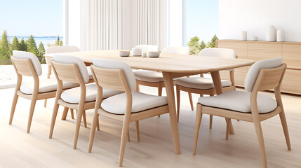 Minimalist dining room with wooden table and chairs, white cushions, and a view of trees and water, conveying a sense of tranquility and modern design. 