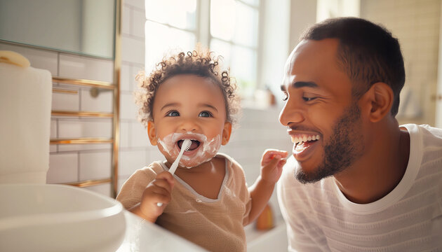 Heartwarming family scene in bright bathroom with soft natural light: smiling father and baby with curly hair. Baby holds white toothbrush and brushing first teeth.Childhood and parenthood concept.