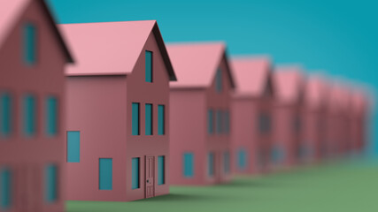 Row of identical little pink houses with one in focus. Real estate, home, suburbia, mortgage, purchase, security concept. 3D illustration render.
