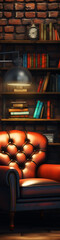 Obraz premium A cozy room with bookshelves, a leather armchair, and brick walls.