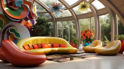 Yellow, orange, and green modern furniture in a futuristic home, showcasing a unique and contemporary design aesthetic. 