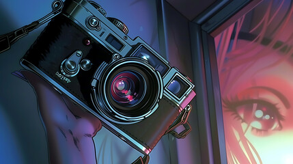 A vintage camera in a hand, capturing a mysterious eye, with blue, pink, and black hues, evokes a sense of intrigue and anticipation. 