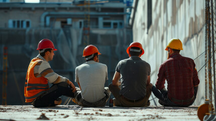 Construction workers taking a break, relaxing on site, teamwork concept