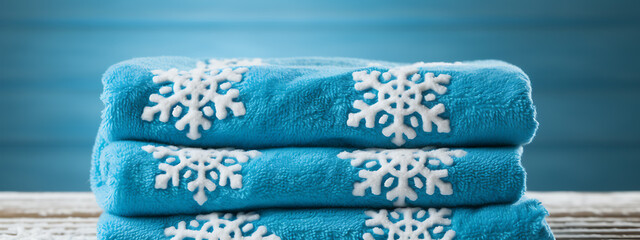 Blue towels with white snowflakes, cozy winter warmth, perfect for a relaxing holiday. 